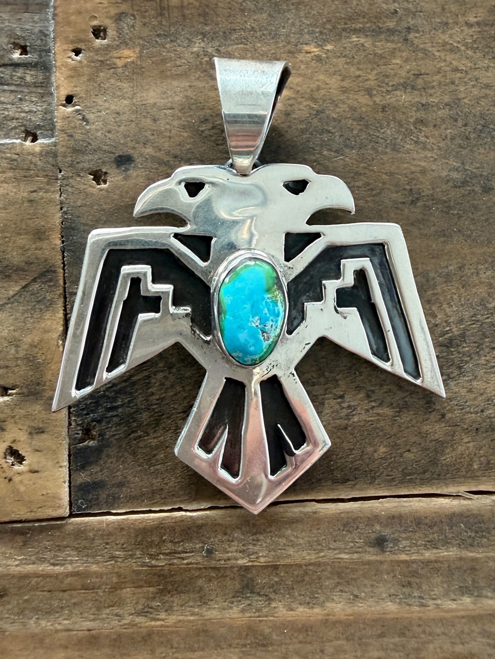 Native Navajo Handmade Sterling Silver Turquoise Medru Thunderbird Pendant
